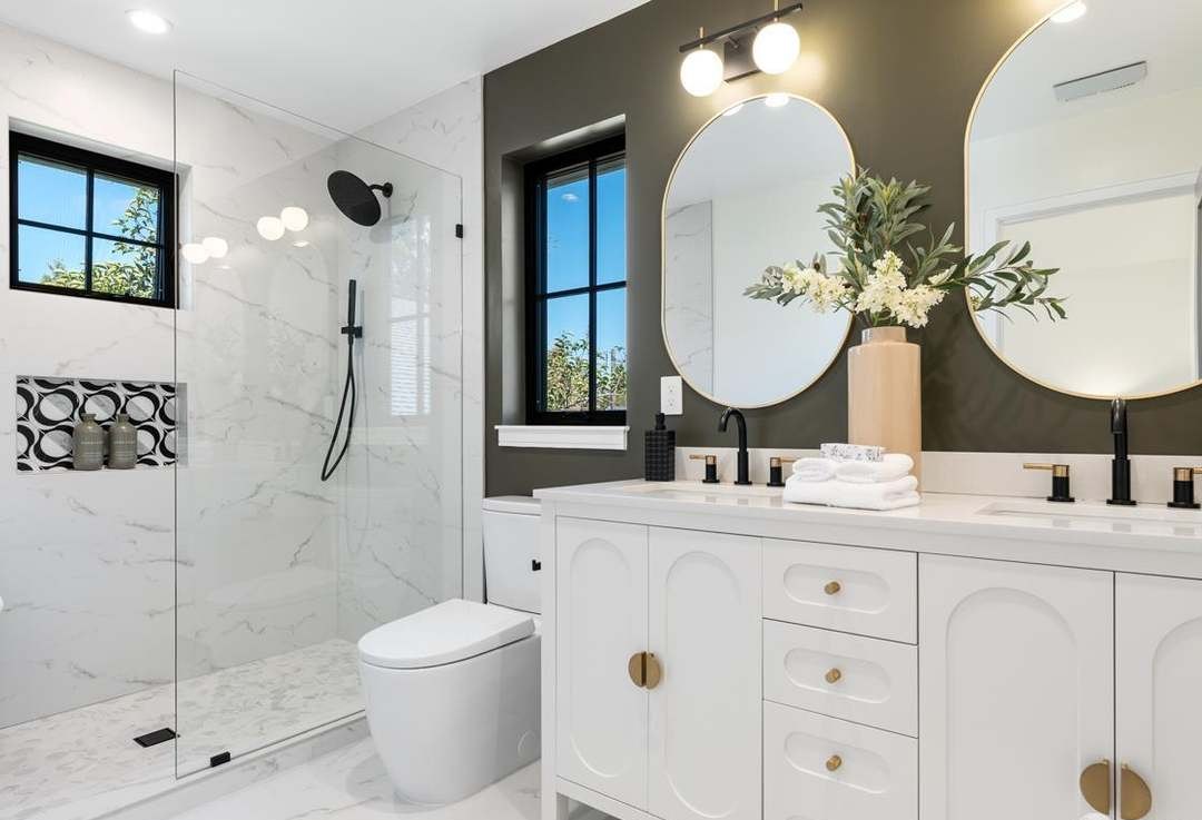 Primary bath with double vanity and walk-in shower
